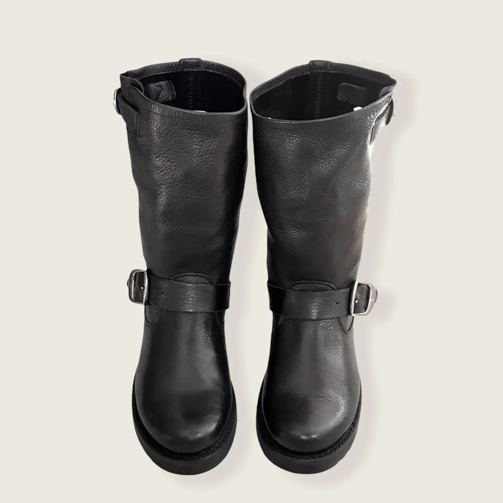Frye Veronica Short Belted Black Leather Popular Moto Vintage Combat Ankle Boot - Picture 12 of 16